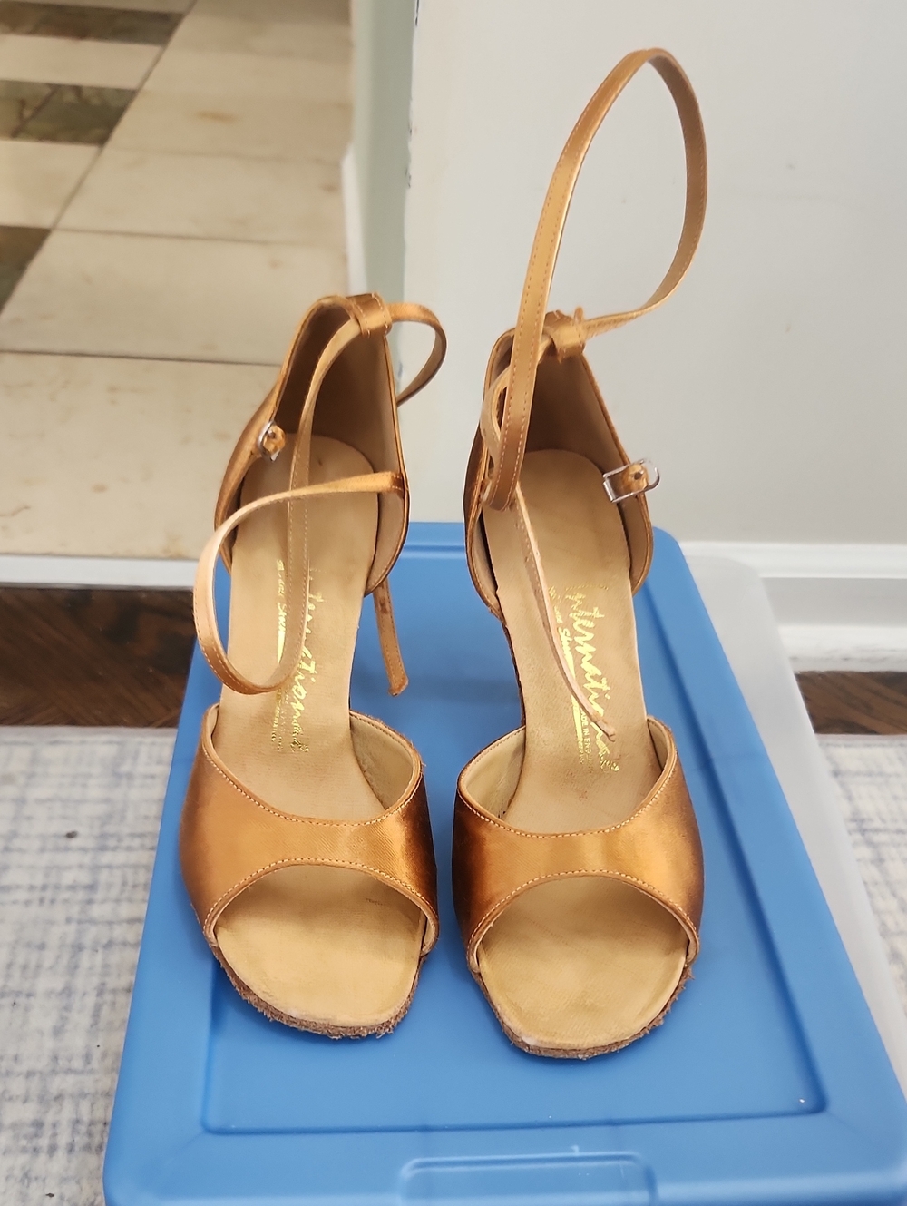 International Ballroom Copper Satin Peep-Toe Ankle-Strap Heels